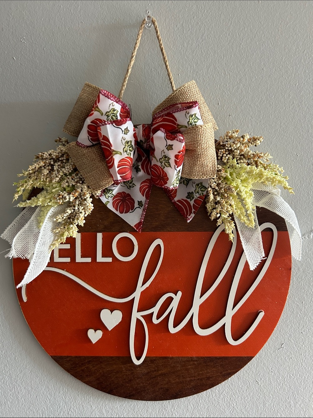“Hello Fall”Round Wooden Sign with White Script and Bow - Picture 8 of 12